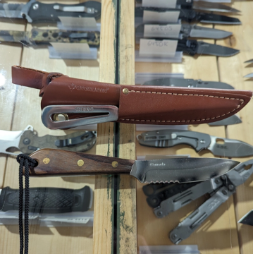 Show details for Grohmann R3SWM - #3 | Rosewood | Serrated Stainless Steel | Leather Sheath with Marlin Spike and Shackler Tool Picture of Grohmann R3SWM - #3 | Rosewood | Serrated Stainless Steel | Leather Sheath with Marlin Spike and Shackler Tool