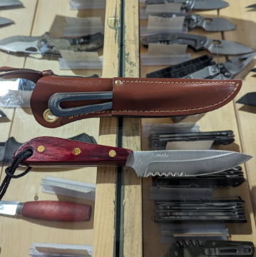 Show details for Grohmann X3SWM - #3 | Water Resistant Resinwood | Partially Serrated Stainless Steel | Leather Sheath with Marlin Spike and Shackler Tool Picture of Grohmann X3SWM - #3 | Water Resistant Resinwood | Partially Serrated Stainless Steel | Leather Sheath with Marlin Spike and Shackler Tool